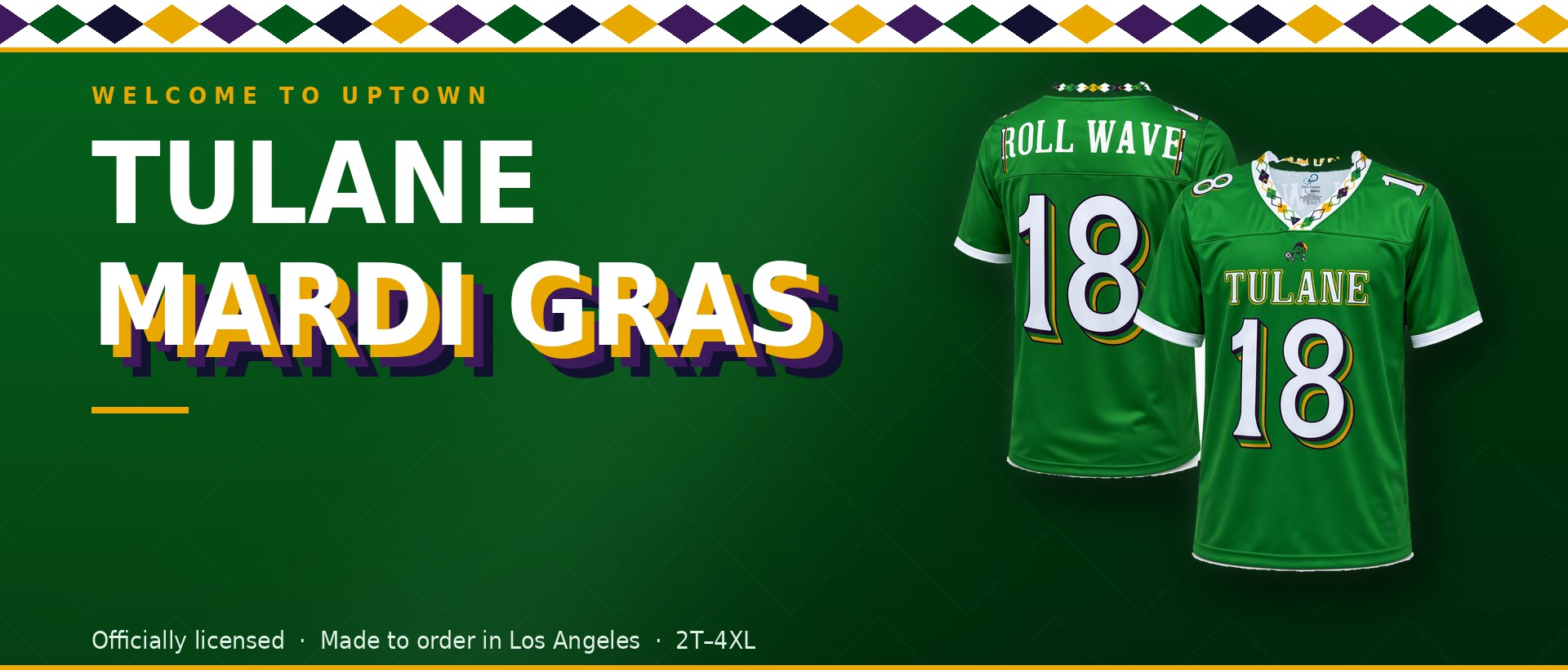 Tulane Mardi Gras replica jersey shown front and back, officially licensed and made to order in Los Angeles